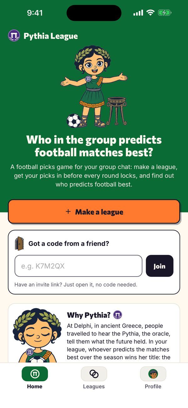 Prediction game, home screen of the web pilot